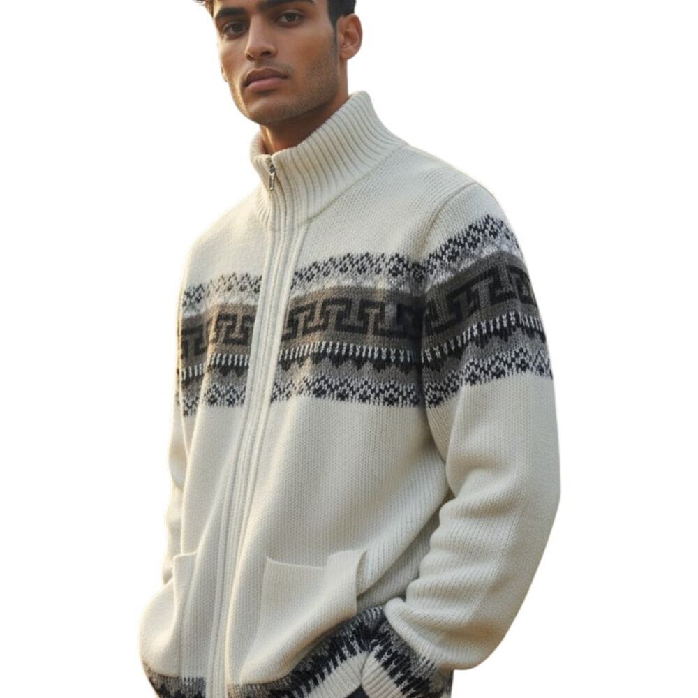Vintage Zip Up Cardigan Mens XL Tall St. Johns Bay Ivory Fair Isle Knit Soft US